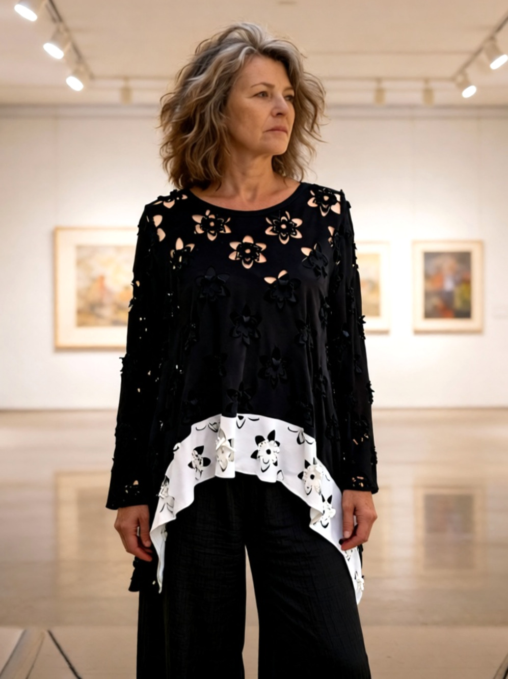 Adore Black and White cut out flower High Low Assymetrical top blouse XL